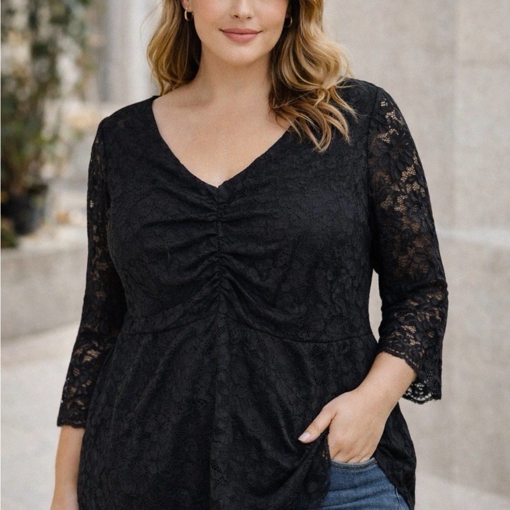 Lane Bryant Black Lace Blouse romantic babydoll blouse